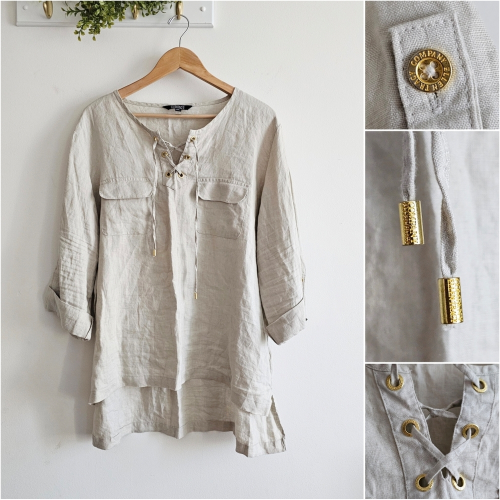 Company Ellen Tracy Linen Lace-Up Tunic Top XXL Sandstone Boho Coastal